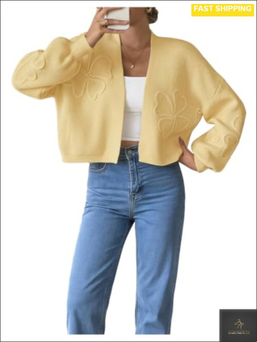 Womens Floral Open Front Knit Cropped Cardigan Sweater